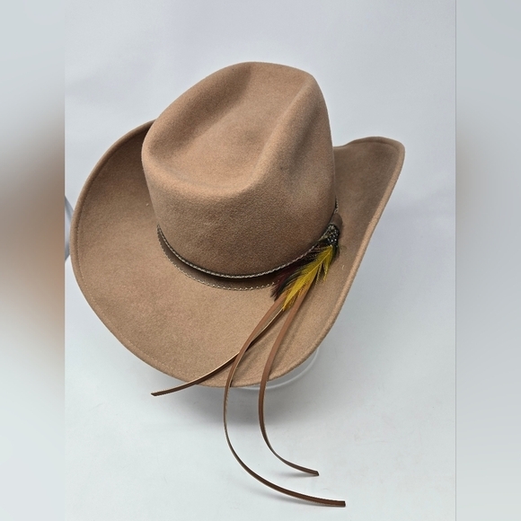 VINTAGE GEO. W BOLLMAN TAN WOOL COWBOY HAT LEATHER FEATHERS WESTERN WOMEN OS 80s - Picture 7 of 15